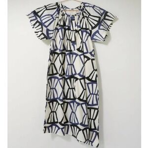 Seek Collective Leta Bialetti Geo Print Asymmetrical Hem Midi Dress,Cream Blue,L